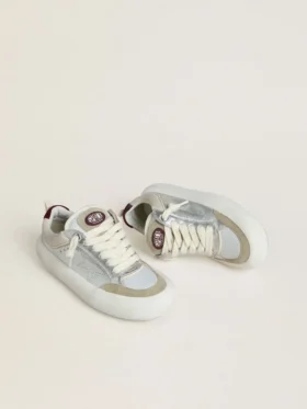 Damen-Schuhe „Space-Star Cube“ aus eisgrauem und silbernem Leder mit burgunderroter Fersenlasche