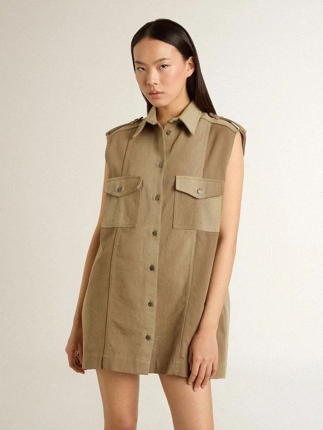 Damen-Shirtkleid aus sandfarbenem Denim mit Military-Details