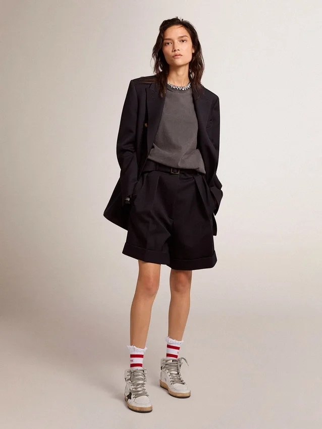 Damen-Shorts aus schwarzem Wollgabardine mit Taillengürtel