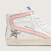 Damen-Slide aus weißem Leder mit silbernem Glitzerstern und rosa Lederakzent