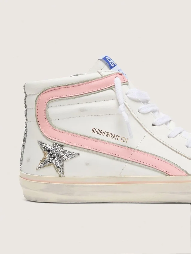 Damen-Slide aus weißem Leder mit silbernem Glitzerstern und rosa Lederakzent