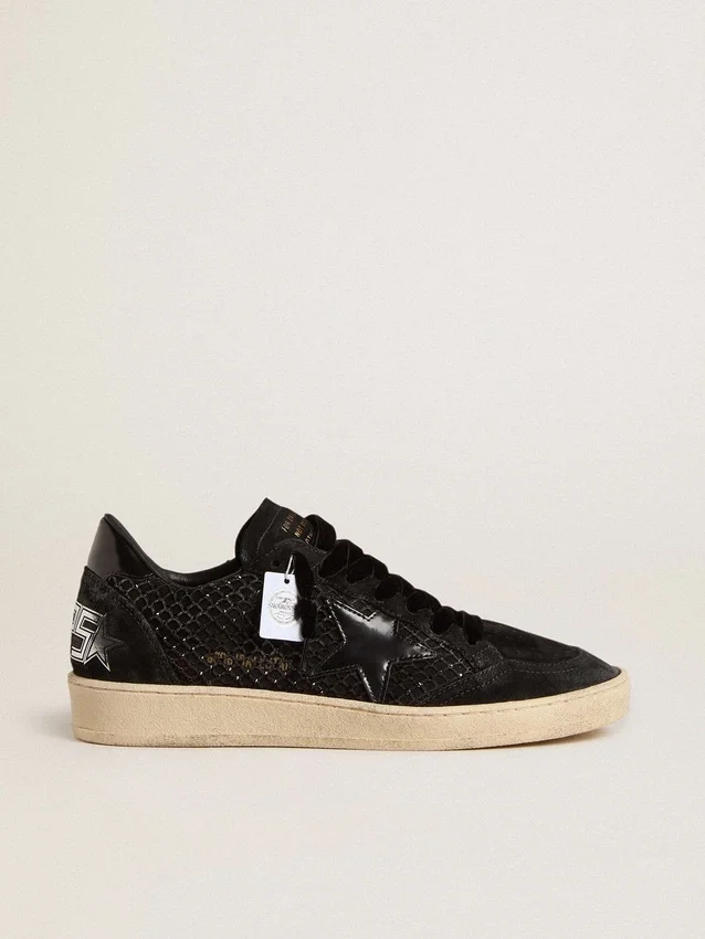 Damen-Sneaker „Ball Star“ aus Mesh mit Swarovski-Kristallen sowie einem Stern und einer Fersenlasche aus schwarzem laminiertem Leder