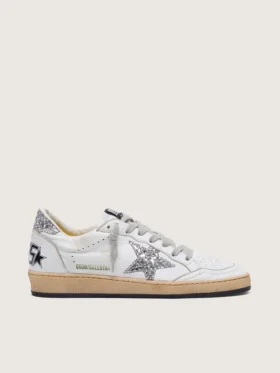 Damen-Sneaker „Ball Star“ aus Nappaleder mit silbernem Glitzerstern und Fersenlasche