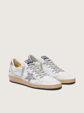 Damen-Sneaker „Ball Star“ aus Nappaleder mit silbernem Glitzerstern und Fersenlasche