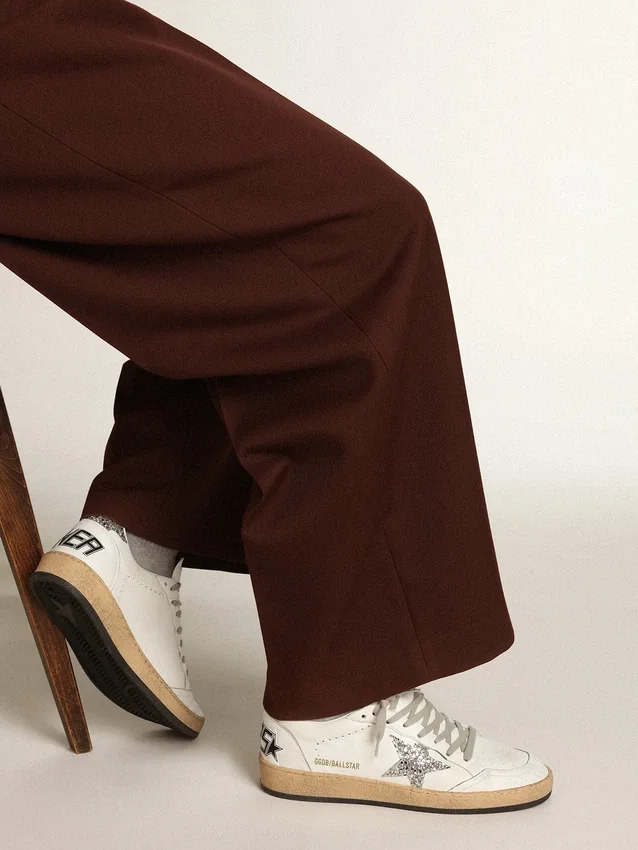 Damen-Sneaker „Ball Star“ aus Nappaleder mit silbernem Glitzerstern und Fersenlasche
