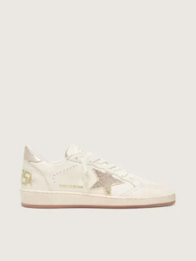 Damen-Sneaker „Ball Star“ aus weißem Leder mit Kristallstern und metallischer Fersenlasche