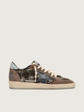 Damen-Sneaker „Ball Star LAB“ aus braunem Matelassé-Samt mit Strasssteinen und schwarzem Lederstern