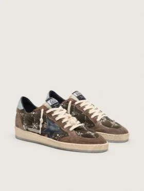 Damen-Sneaker „Ball Star LAB“ aus braunem Matelassé-Samt mit Strasssteinen und schwarzem Lederstern