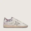 Damen-Sneaker „Ball Star LAB“ aus weißem Nylon und Ponyfell mit silbernem Stern und lila Einsätzen