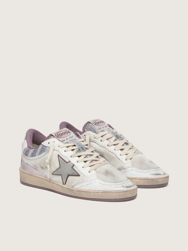 Damen-Sneaker „Ball Star LAB“ aus weißem Nylon und Ponyfell mit silbernem Stern und lila Einsätzen