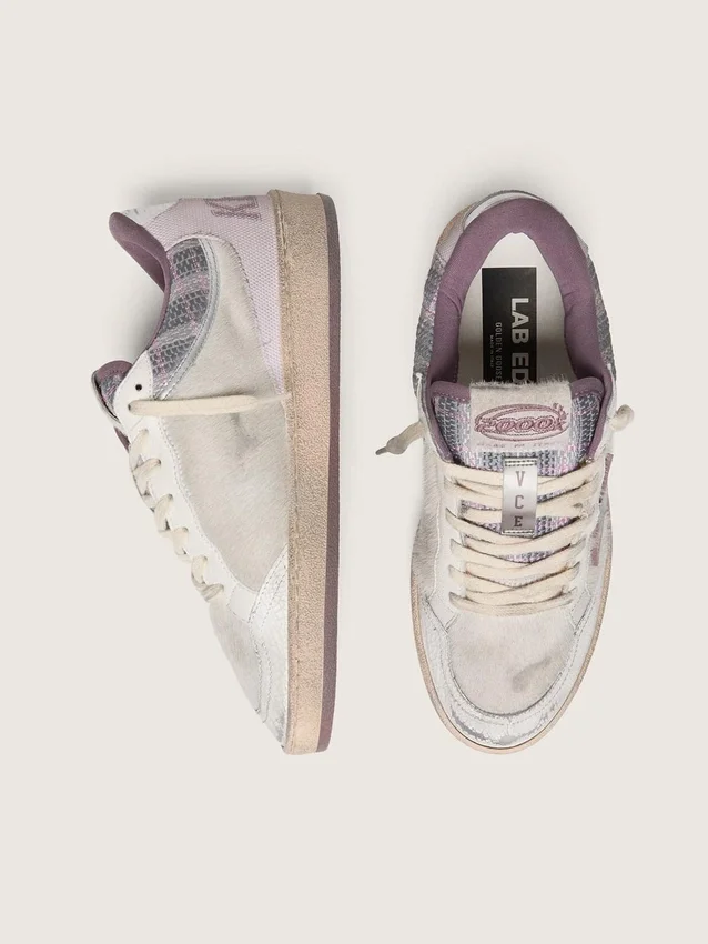Damen-Sneaker „Ball Star LAB“ aus weißem Nylon und Ponyfell mit silbernem Stern und lila Einsätzen