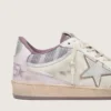 Damen-Sneaker „Ball Star LAB“ aus weißem Nylon und Ponyfell mit silbernem Stern und lila Einsätzen