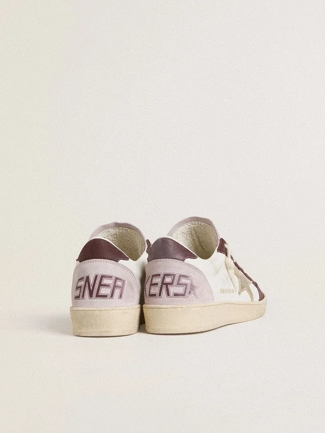 Damen-Sneaker „Ball Star LTD“ aus Nappaleder mit platinfarbenem Lederstern und burgunderroter Fersenlasche aus Nubukleder