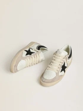 Damen-Sneaker „Ball Star LTD“ aus Nappaleder mit schwarzem Kristallstern und beigen Wildledereinsätzen