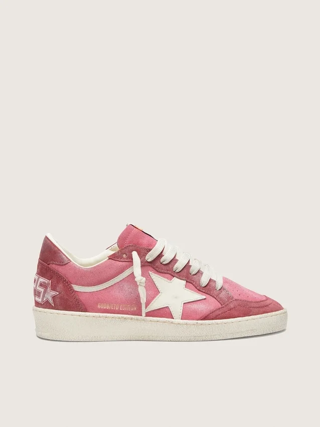 Damen-Sneaker „Ball Star LTD“ aus rosa Wildleder mit cremefarbenem Lederstern und roten Wildledereinsätzen