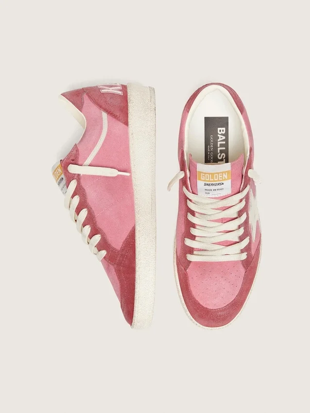 Damen-Sneaker „Ball Star LTD“ aus rosa Wildleder mit cremefarbenem Lederstern und roten Wildledereinsätzen