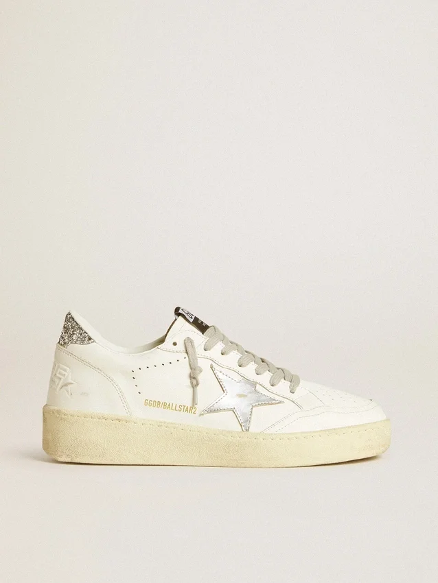 Damen-Sneaker „Ball Star“ mit silbernem Lederstern und silberner Glitzer-Fersenlasche