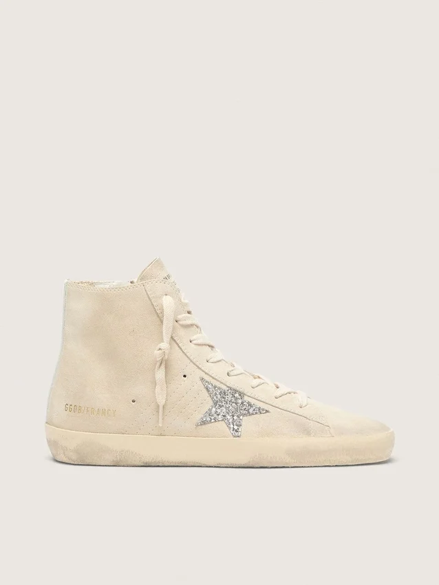 Damen-Sneaker „Francy“ aus beigem Wildleder mit silbernem Glitzerstern