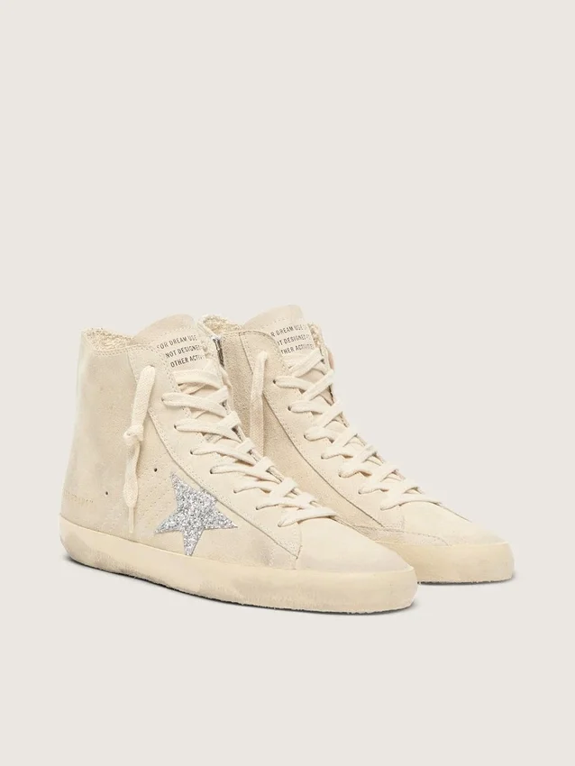 Damen-Sneaker „Francy“ aus beigem Wildleder mit silbernem Glitzerstern