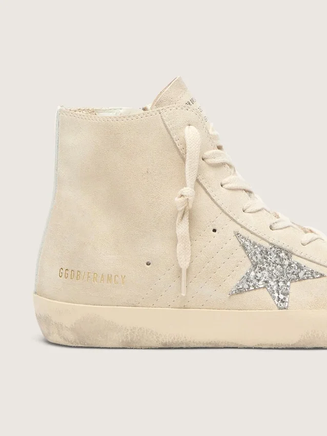 Damen-Sneaker „Francy“ aus beigem Wildleder mit silbernem Glitzerstern