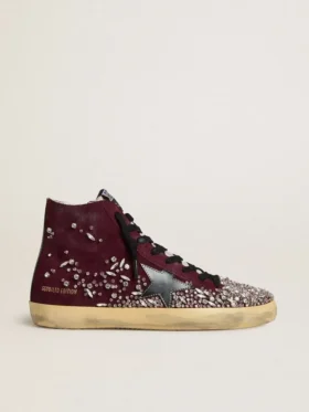Damen-Sneaker „Francy LAB“ aus burgunderrotem Wildleder mit glänzendem schwarzem Lederstern und Strasssteinen