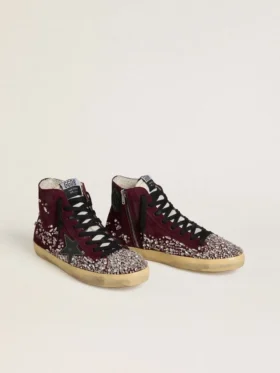 Damen-Sneaker „Francy LAB“ aus burgunderrotem Wildleder mit glänzendem schwarzem Lederstern und Strasssteinen