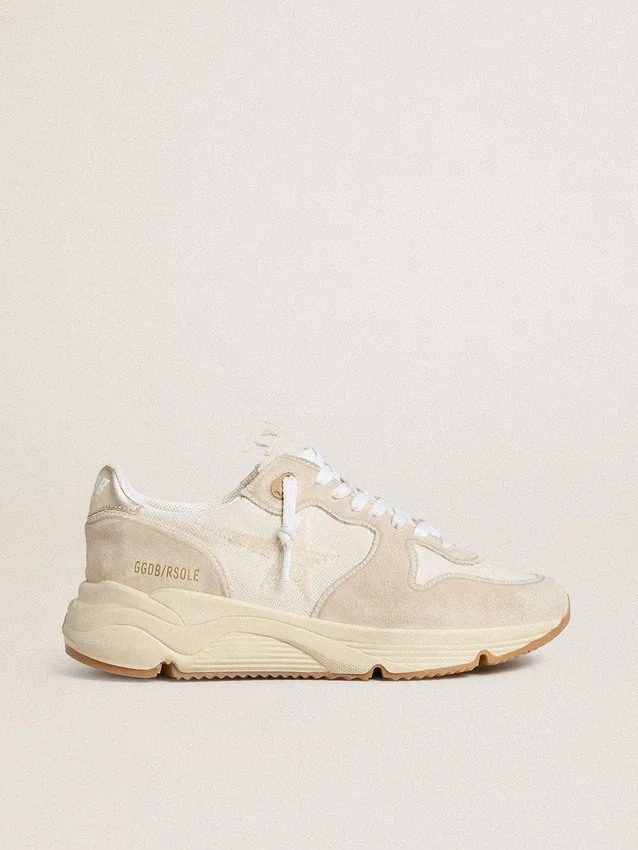 Damen-Sneaker „Running Sole“ aus Canvas mit beigem Stern und Fersenlasche aus platinfarbenem Metallic-Leder