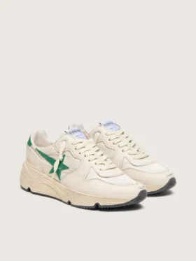 Damen-Sneaker „Running Sole“ aus cremefarbenem Nylon und Leder mit grünem Lederstern