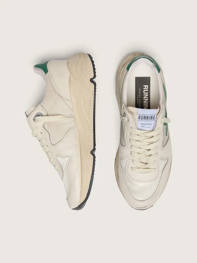 Damen-Sneaker „Running Sole“ aus cremefarbenem Nylon und Leder mit grünem Lederstern