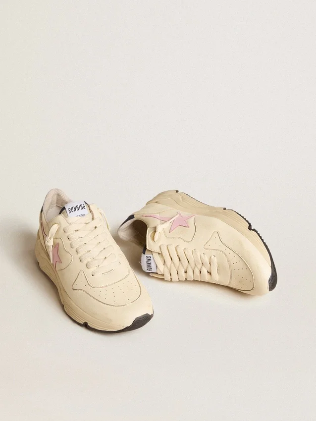 Damen-Sneaker „Running Sole“ aus Nappaleder mit rosa Lederstern und blauer Lederlasche an der Ferse