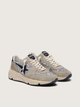 Damen-Sneaker „Running Sole“ in silbernem Glitzer und taubengrauem Wildleder