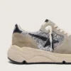 Damen-Sneaker „Running Sole“ in silbernem Glitzer und taubengrauem Wildleder
