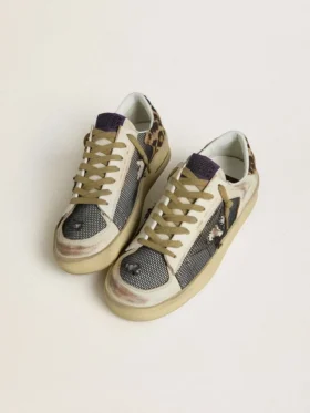 Damen-Stardan aus Nappa und Mesh mit Fersenlasche aus Ponyfell mit Leopardenmuster
