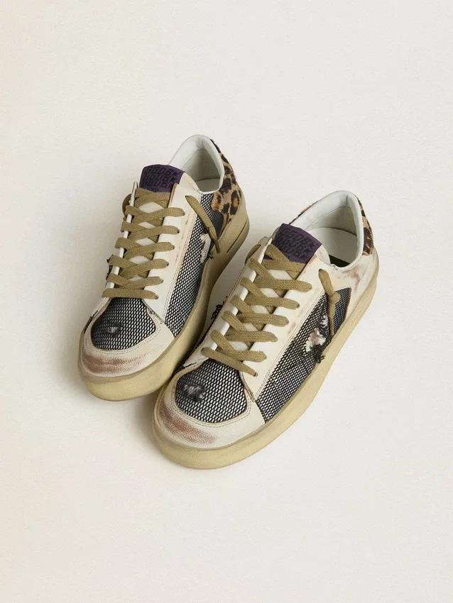Damen-Stardan aus Nappa und Mesh mit Fersenlasche aus Ponyfell mit Leopardenmuster