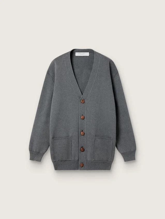 Damen-Strickjacke aus meliertem grauen Baumwollstoff mit Logo auf der Rückseite