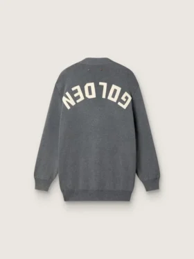 Damen-Strickjacke aus meliertem grauen Baumwollstoff mit Logo auf der Rückseite