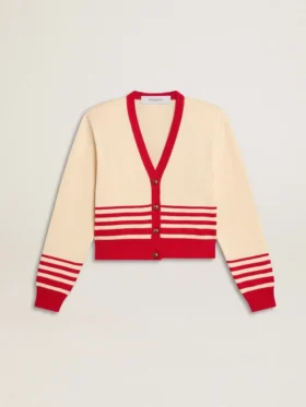 Damen-Strickjacke in Creme mit roten Streifen