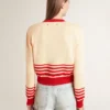 Damen-Strickjacke in Creme mit roten Streifen