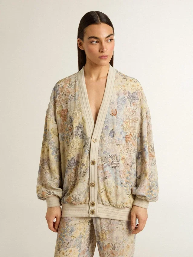 Damen-Strickjacke mit Blumenprint und Stickerei