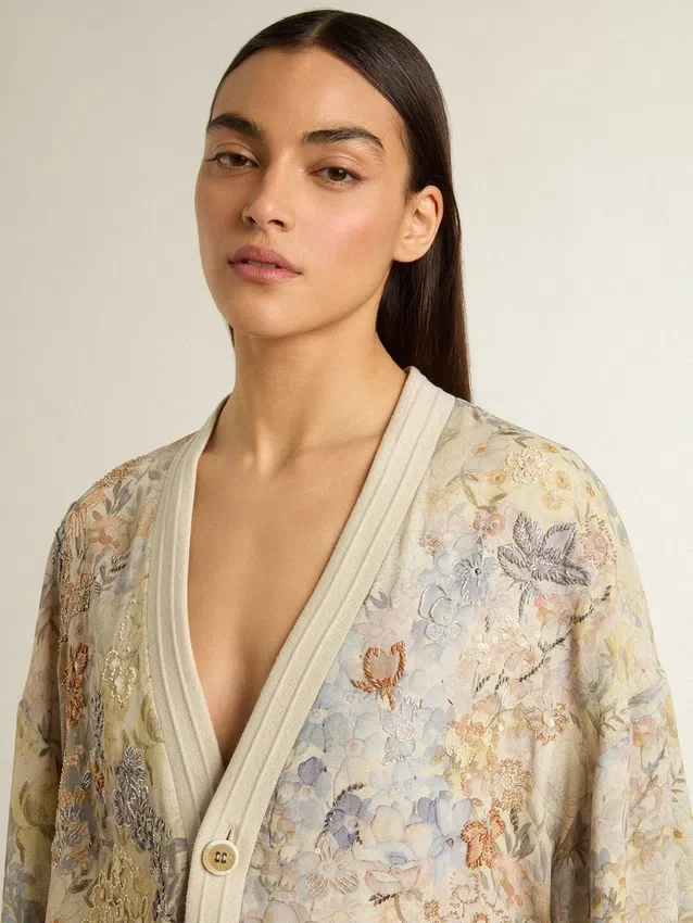 Damen-Strickjacke mit Blumenprint und Stickerei