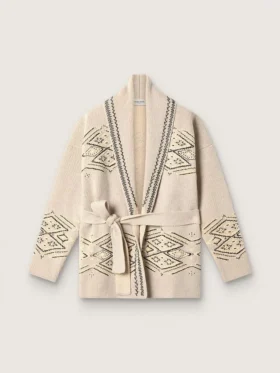 Damen-Strickjacke mit Gürtel aus beigem Wollgemisch mit Kontraststickerei
