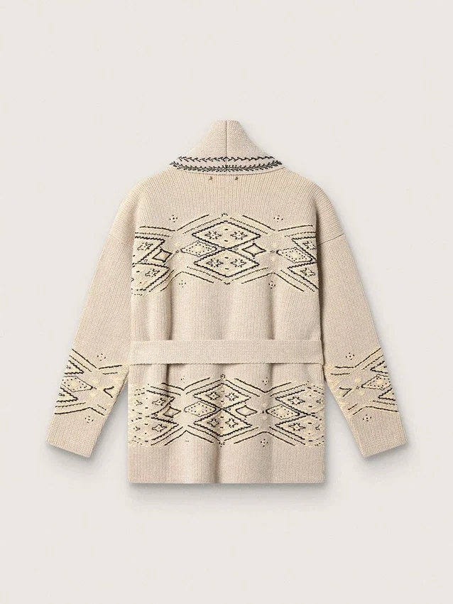 Damen-Strickjacke mit Gürtel aus beigem Wollgemisch mit Kontraststickerei