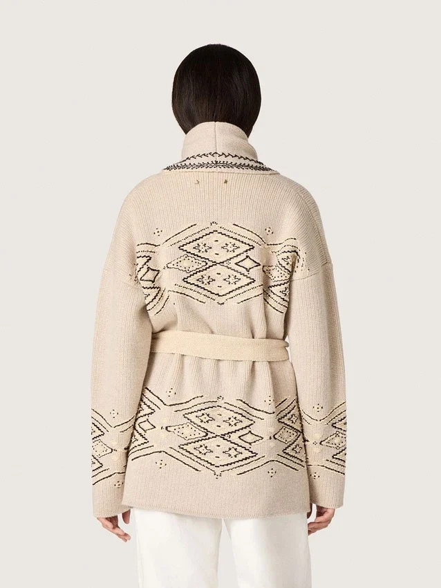 Damen-Strickjacke mit Gürtel aus beigem Wollgemisch mit Kontraststickerei