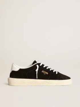 Damen-Tennisschuhe aus schwarzem Wildleder mit weißer Lederlasche an der Ferse