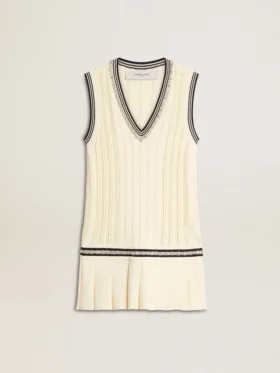 Damen-Westenkleid aus gewaschener weißer Baumwolle mit dunkelblauen Rippbündchen und Kristallen