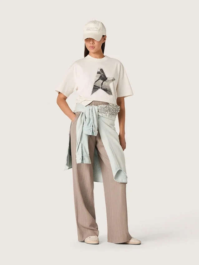 Damenhose aus grauer Wollmischung mit Nadelstreifenmuster und elastischem Bund