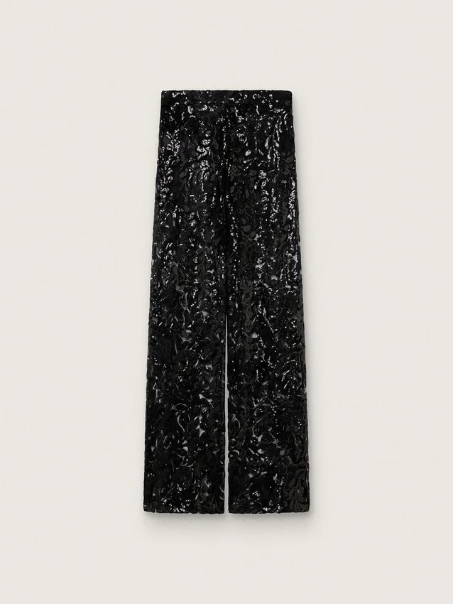 Damenhose aus Tüll mit Blumenstickerei aus schwarzen Pailletten