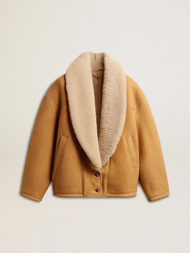 Damenjacke aus Schafsleder mit breitem Shearling-Schalkragen
