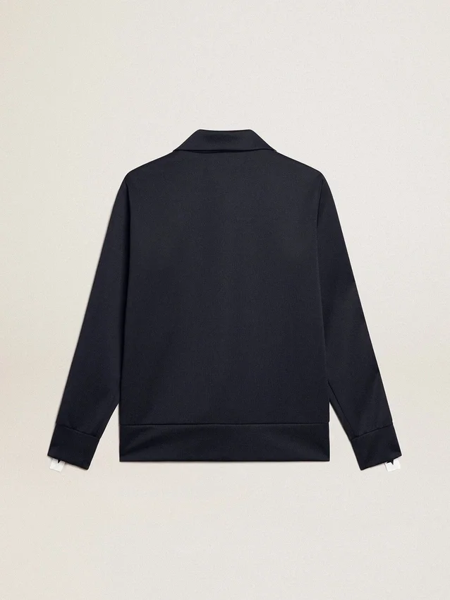 Dunkelblaues Sweatshirt mit Reißverschluss, weißem Streifen und kontrastierenden Sternen