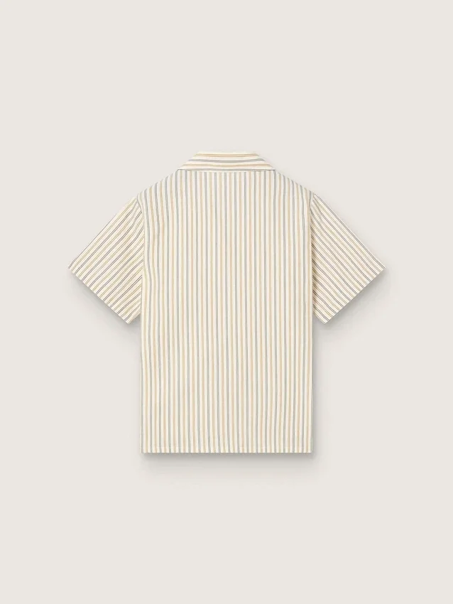 Gestreiftes Hemd für Jungen in Ecru, Beige und Grau mit „Frutteria Golden“-Stickerei